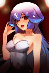Rule 34 | 1girl, bao (vtuber), bao (vtuber) (1st costume), bare arms, blue hair, breasts, cleavage, dress, fang, hand up, highres, indie virtual youtuber, long hair, looking at viewer, medium breasts, open mouth, red eyes, skin fang, solo, strapless, strapless dress, vergil mon, virtual youtuber, white dress
