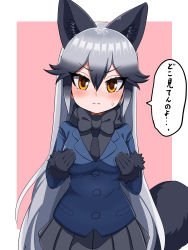 Rule 34 | 1girl, animal ear fluff, animal ears, aramaru, black hair, blue jacket, blush, breasts, commentary request, fox ears, fox tail, frown, fur-trimmed sleeves, fur trim, highres, jacket, kemono friends, long hair, looking at viewer, medium breasts, multicolored hair, necktie, silver fox (kemono friends), silver hair, skirt, solo, speech bubble, sweat, tail, translated, two-tone hair, very long hair