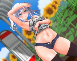Rule 34 | 1girl, 3d, black thighhighs, blue eyes, blush, bus stop, cameltoe, camouflage, denim, denim shorts, flower, micro shorts, minamo rm, navel, original, outdoors, short shorts, shorts, silver hair, solo, stomach, sunflower, sweat, tank top, thick thighs, thighhighs, thighs, twintails, wide hips