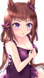 Rule 34 | 1girl, absurdres, alternate breast size, alternate costume, blush, breasts, brown hair, cleavage, collarbone, hair rings, highres, horse girl, long hair, medium breasts, open mouth, popoidraw, purple eyes, simple background, solo, sweep tosho (monopolizing the chill?) (umamusume), sweep tosho (umamusume), swimsuit, umamusume, white background