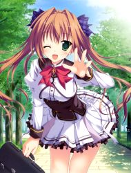 Rule 34 | 1girl, ;d, bag, briefcase, brown hair, frilled skirt, frills, green eyes, hair intakes, hair ribbon, highres, juliet sleeves, long sleeves, one eye closed, open mouth, outstretched hand, plaid, plaid ribbon, princess evangile, puffy sleeves, ribbon, sagisawa chiho, school bag, school briefcase, school uniform, skirt, smile, solo, tree, wink, yamakaze ran