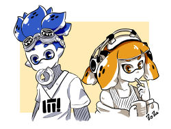 Rule 34 | 1boy, 1girl, alternate hairstyle, artist name, blue eyes, blue hair, blunt bangs, commentary, donut (zoza), doughnut, eating, food, food in mouth, goggles, goggles on head, headphones, holding, inkling, inkling boy, inkling girl, inkling player character, layered clothes, layered sleeves, long sleeves, looking at viewer, mouth hold, nintendo, off shoulder, orange eyes, orange hair, outside border, portrait, print shirt, pudding, pudding (zoza), shirt, short hair, short over long sleeves, short sleeves, signature, spiked hair, splatoon (series), splatoon 2, spoon, tank top, v-neck, yellow background, zoza