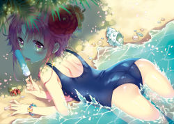 Rule 34 | 1girl, :p, ass, bad id, bad pixiv id, beach, blush, earrings, flower, food, hair flower, hair ornament, hermit crab, jewelry, looking at viewer, manle, one-piece swimsuit, original, outdoors, pink hair, popsicle, school swimsuit, seashell, shell, short hair, solo, swimsuit, tongue, tongue out, water