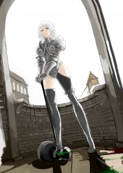 Rule 34 | 1girl, armor, armored boots, balcony, brick, dole (artist), expressionless, hammer, hands on hilt, highres, looking away, original, short hair, solo, stone wall, wall, white hair, yellow eyes