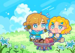 Rule 34 | + +, 1boy, 1girl, arm up, blonde hair, blue eyes, boned meat, braid, brown gloves, chibi, cloud, commentary, crown braid, english commentary, feeding, flower, flying sweatdrops, food, gloves, grass, hair ornament, hairclip, highres, holding, holding spoon, link, log, meat, mimpish, mushroom, nintendo, princess zelda, sitting, spoon, the legend of zelda, the legend of zelda: tears of the kingdom