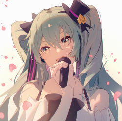 Rule 34 | 1girl, aqua eyes, aqua hair, bare shoulders, black hat, bow, cherry blossoms, chinese commentary, commentary, dress, dress bow, elbow gloves, falling petals, flower, gloves, hanamoto410, hat, hat flower, hatsune miku, highres, holding, holding microphone, long hair, microphone, mini hat, mini top hat, open mouth, petals, portrait, rose, smile, solo, strapless, strapless dress, top hat, twintails, vocaloid, white dress, white gloves, yellow flower, yellow rose