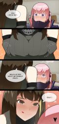 Rule 34 | 2girls, 4koma, @ @, bare shoulders, blue eyes, blush, breasts, brown eyes, brown hair, closed mouth, comic, english text, girls&#039; frontline, green hair, heart, heart in eye, highres, large breasts, licking lips, long hair, m4a1 (girls&#039; frontline), m4a1 (mod3) (girls&#039; frontline), mod3 (girls&#039; frontline), multicolored hair, multiple girls, pink hair, purple hair, speech bubble, st ar-15 (girls&#039; frontline), st ar-15 (mod3) (girls&#039; frontline), streaked hair, symbol in eye, tongue, tongue out, variasii, yuri