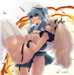 Rule 34 | 2girls, aqua hair, ass, blonde hair, blue eyes, blue sailor collar, grabbing another&#039;s breast, breasts, carrying, closed mouth, double bun, explosion, fang, fuwafuwatoufu, gambier bay (kancolle), grabbing, hair bun, hair ribbon, hat, highres, kantai collection, large breasts, long hair, multiple girls, nipple slip, nipples, one-hour drawing challenge, open mouth, princess carry, ribbon, sailor collar, samuel b. roberts (kancolle), school uniform, serafuku, skin fang, skirt, star (symbol), sunglasses, tears, thighhighs, torn clothes, twintails, twitter username, white headwear, white thighhighs, yuri