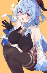 Rule 34 | 1girl, :d, alternate breast size, bad id, bad pixiv id, bare shoulders, bell, black bodysuit, blue hair, blush, bodysuit, bow, breasts, covered erect nipples, cowbell, detached sleeves, ganyu (genshin impact), genshin impact, gloves, heart, highres, large breasts, litsvn, long hair, long sleeves, looking at viewer, open mouth, orange background, sideboob, simple background, sitting, smile, solo