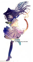 Rule 34 | 1girl, absurdres, animal ears, black eyes, black thighhighs, blue sailor collar, blush, brown footwear, brown hair, cat ears, cat girl, cat tail, closed mouth, english text, from side, grey skirt, highres, hinasumire, loafers, long hair, looking at viewer, looking to the side, neckerchief, original, pleated skirt, sailor collar, school uniform, serafuku, shirt, shoes, short sleeves, sketch, skirt, solo, standing, standing on one leg, tail, tail raised, thighhighs, very long hair, white shirt, yellow neckerchief