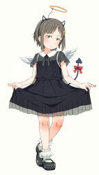 Rule 34 | 1girl, ano ko wa toshi densetsu, beige background, black dress, black footwear, blush, bobby socks, bow, brown eyes, brown hair, closed mouth, demon tail, dress, fake halo, fake horns, feathered wings, flower, full body, gomennasai, hair flower, hair ornament, halo, head tilt, horns, looking at viewer, mary janes, orange flower, pleated dress, red bow, shoes, simple background, skirt hold, socks, solo, standing, tail, tail bow, tail ornament, white socks, white wings, wings, zangyaku-san