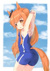 Rule 34 | 1girl, absurdres, animal ears, armpits, arms behind head, arms up, ass, bare arms, bare shoulders, black ribbon, blue one-piece swimsuit, blush, bow, brown eyes, chestnut mouth, clip studio paint (medium), commentary request, day, ear ribbon, has bad revision, has cropped revision, highres, horse ears, horse girl, horse tail, long hair, maru shion, mayano top gun (umamusume), md5 mismatch, one-piece swimsuit, orange hair, outside border, parted lips, resolution mismatch, ribbon, solo, source smaller, stretching, swimsuit, tail, thighs, two side up, umamusume, very long hair