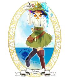 Rule 34 | 1girl, arm at side, belt, blue sky, boots, bow, brown footwear, brown hair, character name, cloud, copyright name, falena (pixiv fantasia last saga), fish, goggles, goggles on headwear, green eyes, green headwear, green skirt, hair over one eye, hand on headwear, jewelry, long sleeves, necklace, outdoors, pixiv fantasia, pixiv fantasia last saga, pouch, scroll, skirt, skull, sky, smile, solo, standing, water, yellow bow