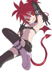 Rule 34 | 1girl, :d, armpits, bandeau, bare shoulders, black gloves, black thighhighs, blush, boots, bracelet, buckle, collar, demon girl, demon tail, demon wings, disgaea, double w, elbow gloves, etna (disgaea), fang, flat chest, gloves, hand gesture, highres, jewelry, knee boots, makai senki disgaea, makai senki disgaea 2, open mouth, red eyes, red hair, shaded face, short hair, simple background, smile, solo, stomach, tail, thighhighs, two side up, w, white background, white footwear, wings, yamamoto souichirou