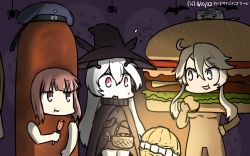 Rule 34 | 3girls, abyssal ship, anchorage princess, bat (animal), blonde hair, blue eyes, brown eyes, burger, burger costume, cape, colored skin, commentary request, dated, eating, food, ghost, halloween, halloween costume, hamu koutarou, hat, headgear, highres, iowa (kancolle), kantai collection, multiple girls, open mouth, sailor hat, sausage, short hair, sidelocks, star-shaped pupils, star (symbol), symbol-shaped pupils, white skin, witch, witch hat, z3 max schultz (kancolle)