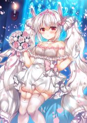 Rule 34 | 1girl, azur lane, bare shoulders, blush, bouquet, bow, bracelet, breasts, collarbone, commentary request, dress, fire, flower, frills, garter straps, gloves, hair between eyes, hair flower, hair ornament, heart, highres, holding, holding bouquet, indoors, jewelry, laffey (azur lane), long hair, looking at viewer, parted lips, pearl bracelet, pink bow, pink flower, pink rose, red eyes, rose, see-through, silver hair, small breasts, solo, strapless, strapless dress, suzunone rena, thighhighs, tiara, torch, twintails, very long hair, white dress, white flower, white gloves, white rose, white thighhighs, window
