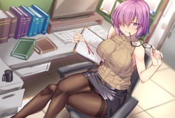 Rule 34 | 1girl, alternate costume, bare arms, beige vest, belt buckle, black skirt, breasts, buckle, chair, computer, crossed legs, cup, day, desk, eyewear in mouth, unworn eyewear, fate/grand order, fate (series), glasses, hair over one eye, half-closed eyes, highres, holding, holding removed eyewear, indoors, keyboard, large breasts, looking at viewer, looking up, mash kyrielight, miniskirt, mouth hold, mug, naughty face, notepad, office chair, pantyhose, purple eyes, purple hair, ribbed shirt, screen, shiny clothes, shirokuma a, shirt, short hair, sitting, skirt, solo, sweater vest, swivel chair, turtleneck, window