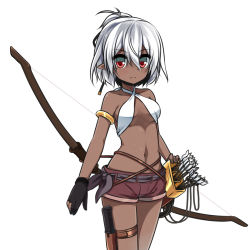 Rule 34 | 1girl, armlet, arrow (projectile), bikini, bikini top only, bow (weapon), dark skin, dark-skinned female, gloves, highres, holster, looking at viewer, mole, mole under eye, navel, original, quiver, red eyes, shirasu youichi, short hair, shorts, silver hair, simple background, solo, swimsuit, thigh holster, weapon