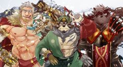 Rule 34 | 3boys, :p, abs, animal ears, bara, bare pectorals, beige fur, briefs, brown hair, cape, character request, chest hair, cowboy shot, eyepatch, facial hair, fang, furry, furry male, gauntlets, goatee, green kimono, hadanugi dousa, hair between eyes, hand on own hip, heterochromia, japanese clothes, kimono, large pectorals, long hair, male focus, male underwear, mature male, multiple boys, muscular, muscular male, navel, ohayashi55, open kimono, pectorals, red cape, salute, short hair, smile, spiked hair, stomach, temujin (housamo), thick eyebrows, tokyo houkago summoners, tongue, tongue out, underwear, white hair, wolf boy, wolf ears