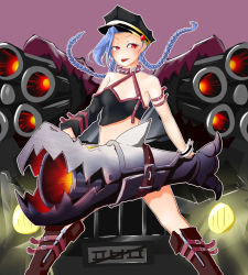Rule 34 | 1girl, absurdres, blue hair, boots, braid, car, hat, highres, jinx (league of legends), league of legends, long hair, motor vehicle, red eyes, vehicle, weapon