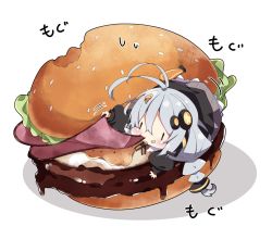 Rule 34 | 1girl, :t, antenna hair, black footwear, black jacket, braid, burger, chibi, closed mouth, commentary request, eating, food, food on face, food on hair, grey hair, hair between eyes, hair ornament, headset, in food, jacket, kizuna akari, long hair, long sleeves, milkpanda, mini person, minigirl, orange pantyhose, pantyhose, puffy long sleeves, puffy sleeves, shadow, shoes, sleeves past wrists, solo, star (symbol), striped clothes, striped pantyhose, sweat, translation request, twin braids, vertical-striped clothes, vertical-striped pantyhose, very long hair, voiceroid, wavy mouth, white background, | |