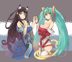 Rule 34 | 2girls, :o, ahri (league of legends), ahri (league of legends) (cosplay), animal ears, bare shoulders, black hair, blonde hair, blue hair, blush, breasts, brown hair, cleavage, cosplay, costume switch, detached sleeves, fang, fox ears, gradient hair, league of legends, long hair, multicolored hair, multiple girls, nellen, purple hair, smile, sona (league of legends), sona buvelle (cosplay), thighhighs, twintails, very long hair, white legwear, yellow eyes