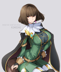 Rule 34 | 1girl, barrel, belt, black cape, black thighhighs, blunt bangs, breasts, bridal gauntlets, brown belt, brown eyes, brown hair, cape, character name, closed mouth, commentary request, earrings, english text, garter straps, green shirt, grey background, highres, jewelry, large breasts, long sleeves, looking at viewer, monster hunter (series), monster hunter rise, pants, rondine, runaru, shirt, short hair, simple background, sitting, smile, solo, thighhighs, white pants
