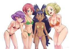 Rule 34 | 4girls, :d, arm at side, arms behind back, artist name, bianca (pokemon), big hair, bikini, black hair, blonde hair, breasts, brown eyes, burgundy (pokemon), cleavage, clenched hands, closed mouth, collarbone, commentary request, creatures (company), dark-skinned female, dark skin, feet out of frame, female focus, game freak, georgia (pokemon), green bikini, green eyes, hair tie, happy, height difference, iris (pokemon), kijouyu, knees, large breasts, long hair, looking at viewer, medium breasts, medium hair, multiple girls, navel, nintendo, open mouth, pink hair, pokemon, pokemon (anime), pokemon bw (anime), purple eyes, purple hair, short hair, simple background, small breasts, smile, swimsuit, teeth, tongue, upper teeth only, very long hair, white background