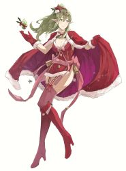 Rule 34 | 1girl, aged up, alternate costume, boots, breasts, cape, christmas, fire emblem, fire emblem awakening, garter straps, green eyes, green hair, high heels, highres, large breasts, long hair, nintendo, pointy ears, ponytail, sakuremi, smile, solo, thigh boots, thighhighs, thighs, tiki (adult) (fire emblem), tiki (fire emblem), white background
