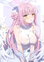 Rule 34 | 1girl, angel wings, blue archive, blush, breasts, dress, flower, hair bun, hair flower, hair ornament, hair scrunchie, halo, highres, large breasts, long hair, looking at viewer, low wings, mika (blue archive), pink hair, scrunchie, single hair bun, sleeveless, sleeveless dress, solo, sweat, synn032, white dress, white wings, wing ornament, wings, wrist scrunchie, yellow eyes