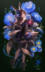 Rule 34 | 1girl, animal ears, black footwear, blue dress, blue flower, blue rose, bouquet, bow, brown hair, brown legwear, character name, commentary, dagger, dress, dress bow, english commentary, flower, full body, hair over one eye, happy birthday, hat, high heels, holding, holding bouquet, horse ears, horse girl, horse tail, knife, long hair, long sleeves, looking at viewer, looking back, off-shoulder dress, off shoulder, open mouth, purple eyes, rice shower (umamusume), rose, smile, solo, standing, standing on one leg, tail, umamusume, weapon, welchino