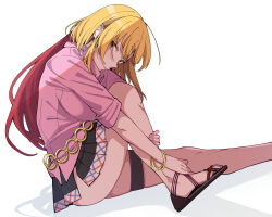 Rule 34 | 1girl, absurdres, black skirt, blonde hair, bracelet, breasts, chain belt, commentary, hair ornament, hairclip, hands on own leg, highres, holding leg, hunched over, jewelry, katagiri nanase, large breasts, light blush, multicolored hair, nukigee mitai na shima ni sunderu watashi wa dou surya ii desu ka?, on ground, pink shirt, pleated skirt, red hair, sandals, shadow, shiranami ryuji, shirt, simple background, sitting, skirt, smile, solo, thigh strap, two-tone hair, white background, yellow eyes