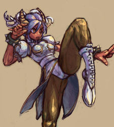 Rule 34 | 1girl, bracelet, capcom, chiaki (tom910), china dress, chinese clothes, chun-li, chun-li (cosplay), cosplay, crossover, double bun, dress, fighting stance, horns, jewelry, kicking, open mouth, original, pantyhose, pelvic curtain, pointy ears, solo, spiked bracelet, spikes, street fighter, tom910, yellow eyes