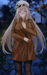 Rule 34 | 1girl, absurdres, black pantyhose, blue eyes, blush, breasts, brown coat, cang se ye hua, coat, feather hair ornament, feathers, grey hair, hair ornament, hat, highres, large breasts, lexington (warship girls r), long hair, long sleeves, nose blush, outdoors, pantyhose, peaked cap, solo, standing, warship girls r, white hat