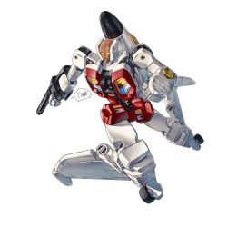 Rule 34 | 1boy, arm cannon, clenched hand, highres, looking down, mecha, no humans, robot, science fiction, shirt, slingshot (transformers), solo, transformers, weapon, white background, white shirt, yellow eyes, yinghawk