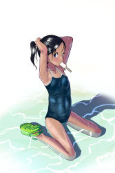 Rule 34 | 1girl, black hair, blue eyes, blue one-piece swimsuit, commentary request, competition school swimsuit, crocs, food, green footwear, highres, holding, holding hair, mouth hold, one-piece swimsuit, one-piece tan, original, partially submerged, ponytail, popsicle, sandals, school swimsuit, school uniform, short hair, simple background, sitting, solo, swimsuit, tan, tanline, unmaker, wariza, water, white background