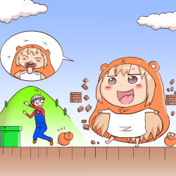 Rule 34 | 1boy, 1girl, ^ ^, barefoot, blonde hair, blouse, brick, brown footwear, brown hair, closed eyes, cloud, commentary request, cosplay, doma taihei, doma umaru, closed eyes, flying sweatdrops, giant, giantess, glasses, hamster, hamster hood, highres, hill, himouto! umaru-chan, industrial pipe, kobayashimannga, komaru (himouto! umaru-chan), long hair, long sleeves, mario, mario (cosplay), mario (series), mushroom, nintendo, outdoors, overalls, parody, red shirt, scared, shirt, shoes, speech bubble, super mario bros. 1, toes, very long hair
