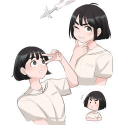 Rule 34 | 1girl, :3, :o, ;), absurdres, after school lessons for unripe apples, aircraft, airplane, black eyes, black hair, bob cut, commentary, green eyes, highres, hwang mi-ae, looking up, multiple views, one eye closed, palettebaibailu, short hair, short sleeves, simple background, smile, thick eyebrows, upper body, upturned eyes, v, v-shaped eyebrows, white background