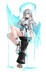 Rule 34 | 1girl, absurdres, ankle boots, bare legs, bare shoulders, boots, chess piece, crop top, detached sleeves, full body, grey footwear, grey skirt, halo, high-waist skirt, highres, horns, king (chess), legband, long sleeves, looking at viewer, original, shiro wa (shiroshironix), simple background, single horn, sitting, skirt, solo, white background, wings