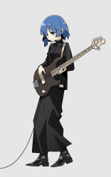 Rule 34 | 1girl, absurdres, black footwear, black jacket, black skirt, blue hair, bocchi the rock!, boots, closed mouth, commentary, full body, highres, holding, holding instrument, instrument, jacket, long skirt, long sleeves, mole, mole under eye, music, neonfloyd, playing instrument, short hair, skirt, solo, yamada ryo, yellow eyes