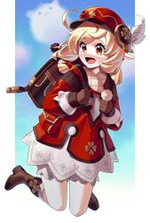 Rule 34 | 1girl, :d, backpack, bag, blonde hair, boots, brown footwear, brown gloves, cabbie hat, clover print, coat, full body, genshin impact, gloves, hat, hat feather, highres, jumping, klee (genshin impact), long hair, movcat, open mouth, pointy ears, red coat, red eyes, red hat, shorts, shorts under skirt, skirt, smile, solo, white shorts, white skirt