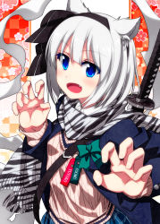 Rule 34 | 1girl, alternate costume, animal ears, animal print, beige sweater, black hairband, black ribbon, black scarf, blue eyes, blue jacket, blue skirt, blush, bow, character name, checkered background, cherry blossoms, chinese zodiac, claw pose, commentary, fang, floral background, green bow, grey hair, hair ribbon, hairband, hands up, highres, hitodama, jacket, katana, kemonomimi mode, konpaku youmu, konpaku youmu (ghost), long sleeves, looking at viewer, open mouth, plaid, plaid skirt, pocket, ribbon, sazanami mio, scarf, short hair, skirt, smile, solo, strap, sword, sword behind back, tiger ears, tiger print, tiger stripes, touhou, weapon, white scarf, year of the tiger