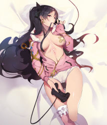 Rule 34 | 1girl, bandaid, bandaids on nipples, bed sheet, black hair, black ribbon, breasts, closed mouth, commentary request, controller, crossed bandaids, drawstring, earrings, fate/grand order, fate (series), feet out of frame, frilled thighhighs, frills, from above, game console, game controller, hair ribbon, head tilt, highres, holding, ishtar (fate), ishtar (swimsuit rider) (fate), jacket, jewelry, long hair, long sleeves, looking at viewer, looking up, lying, medium breasts, nail polish, navel, on back, one breast out, open clothes, open jacket, panties, pasties, pink jacket, pink thighhighs, playstation 4, playstation controller, purple nails, rabbit (tukenitian), red eyes, ribbon, single thighhigh, smile, solo, stomach, tattoo, thigh gap, thighhighs, two side up, underwear, very long hair, white panties