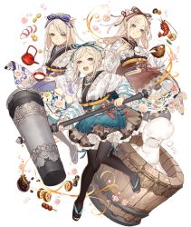 Rule 34 | 3girls, :d, animal ears, black legwear, blonde hair, blue eyes, bow, breasts, choker, floral print, food, frilled kimono, frills, full body, hair bow, japanese clothes, ji no, kettle, kimono, long hair, looking at viewer, mallet, medium breasts, mochi, mortar (bowl), multiple girls, nail polish, official art, open mouth, pig ears, plump, sandals, sash, short kimono, shrimp, sinoalice, skinny, smile, teeth, thighhighs, three little pigs (sinoalice), transparent background, upper teeth only