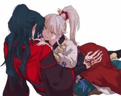 Rule 34 | 2boys, archer (fate/samurai remnant), arm guards, black hanfu, blush, chinese clothes, chinese hairpin, command spell, fate/samurai remnant, fate (series), green hair, grey hair, hair ornament, hand on another&#039;s shoulder, hanfu, high ponytail, long hair, male focus, multicolored hair, multiple boys, okonomigrill, ponytail, red hanfu, red robe, robe, sidelocks, straddling, streaked hair, tassel, white hair, white hanfu, xiao guan (headdress), yaoi, yellow eyes, zheng chenggong (fate)