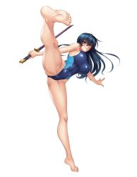 Rule 34 | 1girl, ass, bare legs, bare shoulders, barefoot, blue hair, blue one-piece swimsuit, breasts, closed mouth, competition swimsuit, covered erect nipples, covered navel, curvy, feet, female focus, full body, green eyes, highres, holding, holding sword, holding weapon, igawa asagi, jumping, kagami hirotaka, kicking, large breasts, lilith-soft, long hair, looking at viewer, one-piece swimsuit, parted lips, partially visible vulva, reverse grip, shiny clothes, shiny skin, simple background, solo, swimsuit, sword, taimanin (series), taimanin asagi, taimanin asagi zero, thighs, weapon, white background