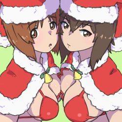 Rule 34 | 2girls, alternate costume, bell, bikini, breast press, breasts, capelet, christmas, fur-trimmed capelet, fur trim, girls und panzer, green background, highres, huaronanago, large breasts, looking at viewer, multiple girls, neck bell, nishizumi maho, nishizumi miho, red bikini, red capelet, santa bikini, santa costume, swimsuit