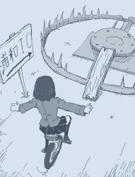 Rule 34 | 1girl, arrow (projectile), bear trap, black skirt, blue theme, bear trap, from behind, hamsterfragment, long sleeves, medium hair, monochrome, original, outstretched arms, oversized object, plank, pleated skirt, sign, skirt, solo, suicide, thighhighs, unicycle