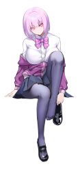 Rule 34 | 1girl, black footwear, breasts, closed mouth, collared shirt, commentary, dot nose, dress shirt, foreshortening, gridman universe, highres, invisible chair, jacket, knee up, large breasts, loafers, long sleeves, looking at viewer, miniskirt, pantyhose, pink hair, pink ribbon, pleated skirt, purple jacket, ribbon, shinjou akane, shirt, shoes, simple background, sitting, skirt, solo, spider apple, ssss.gridman, unworn shoe, unworn shoes, white background