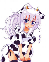 Rule 34 | 1girl, alternate costume, animal ears, animal print, blush, breasts, cow ears, cow hood, cow horns, cow print, cow tail, cowboy shot, drawstring, highres, holding hoodie, horns, long hair, looking at viewer, medium breasts, minato mal, mononobe no futo, open mouth, ponytail, purple eyes, short sleeves, silver hair, simple background, solo, standing, sweat, tail, touhou, white background